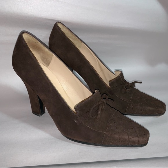 CHANEL size 39.5 brown suede block heel PUMPS w/quilted cap toe - Picture 6 of 9